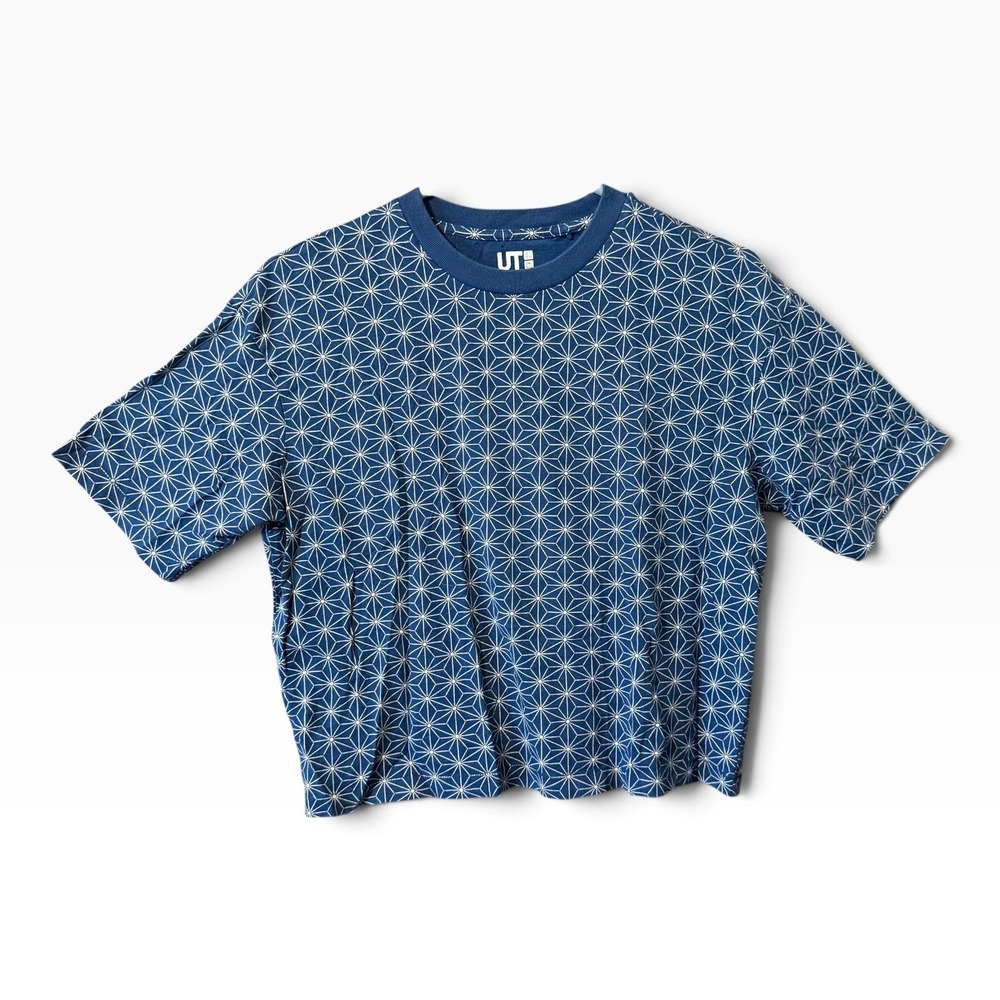Uniqlo UT MFA Boston Geometric Asanoha Print T-Shirt XS Blue White Boxy Tee